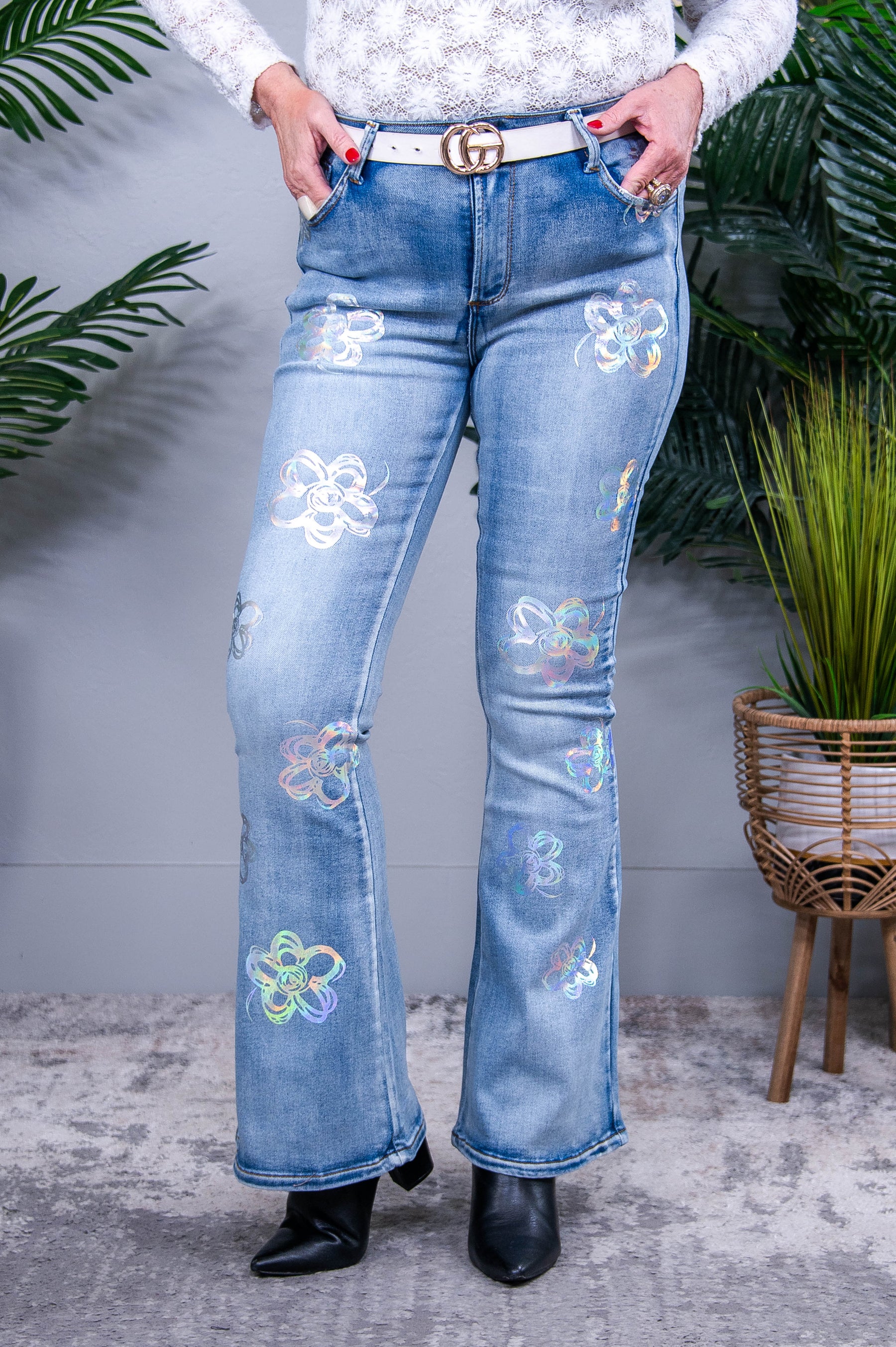 She's Got That Flower Power Denim Iridescent Floral Jeans - K1263DN