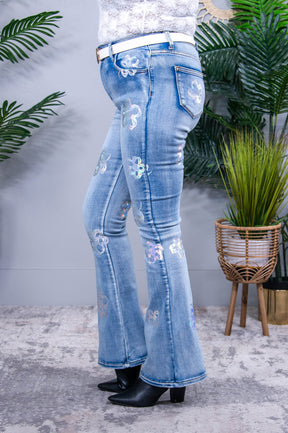 She's Got That Flower Power Denim Iridescent Floral Jeans - K1263DN