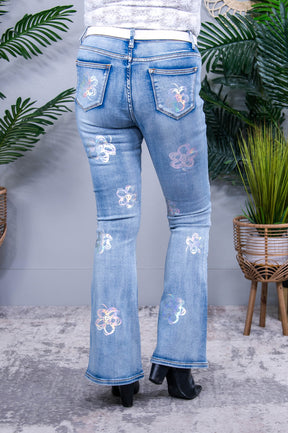 She's Got That Flower Power Denim Iridescent Floral Jeans - K1263DN