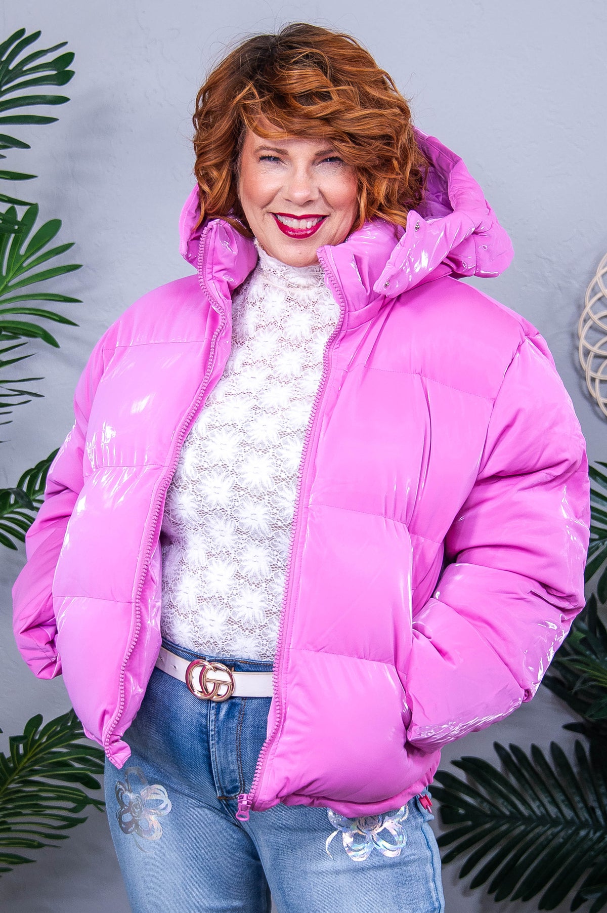 Headed To The Slopes Pink Faux Leather Puffer Jacket - O5674PK