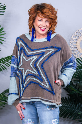 Making A Wish On A Star Charcoal Gray/Blue Star Printed Top - T10749CG