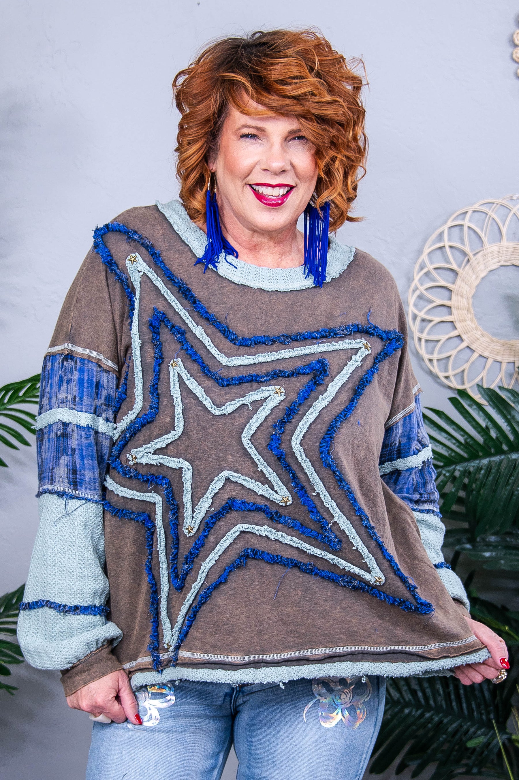 Making A Wish On A Star Charcoal Gray/Blue Star Printed Top - T10749CG