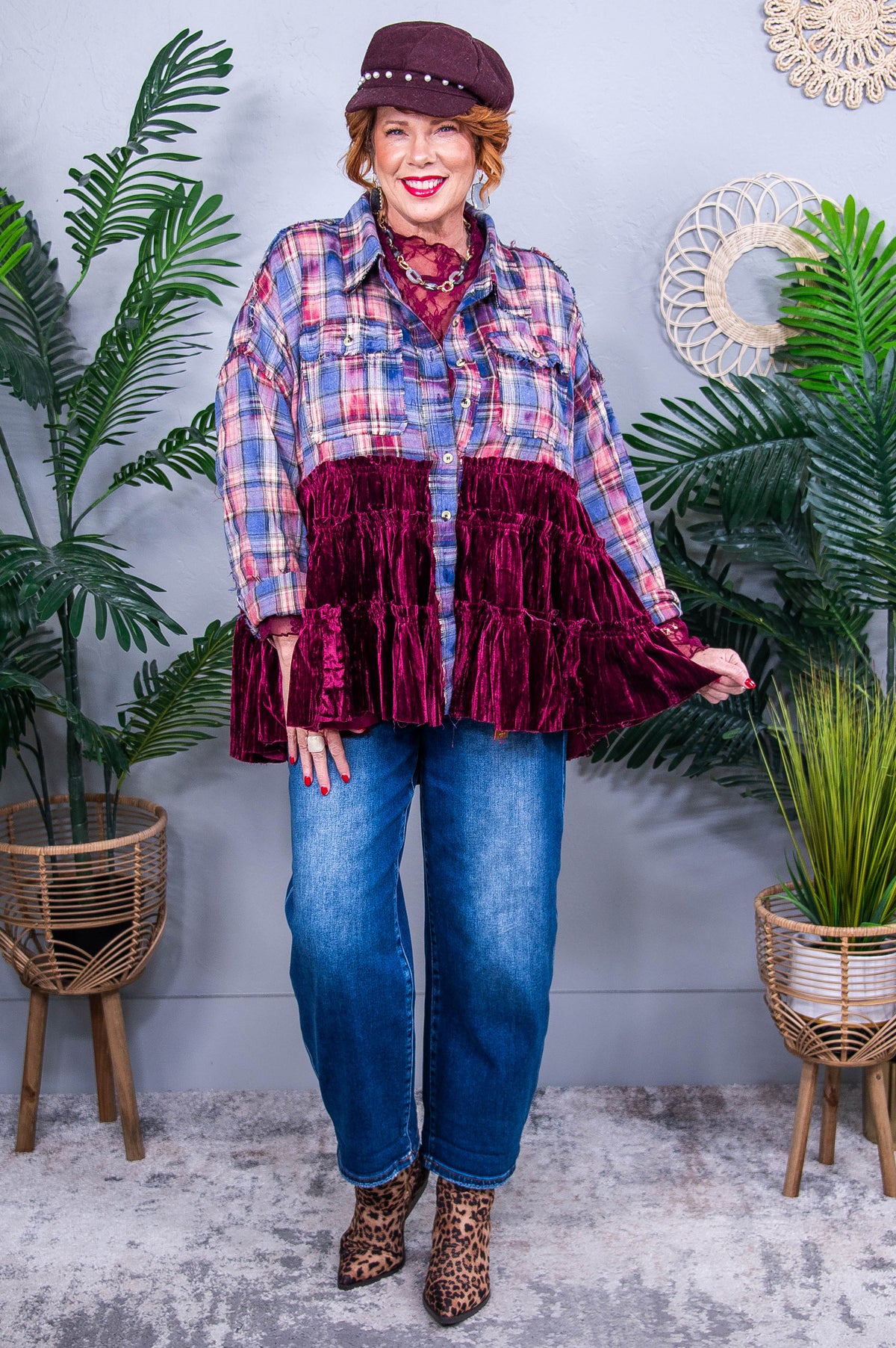 Sending You My Love Wine/Multi Color Plaid/Velvet Top - T10752WN