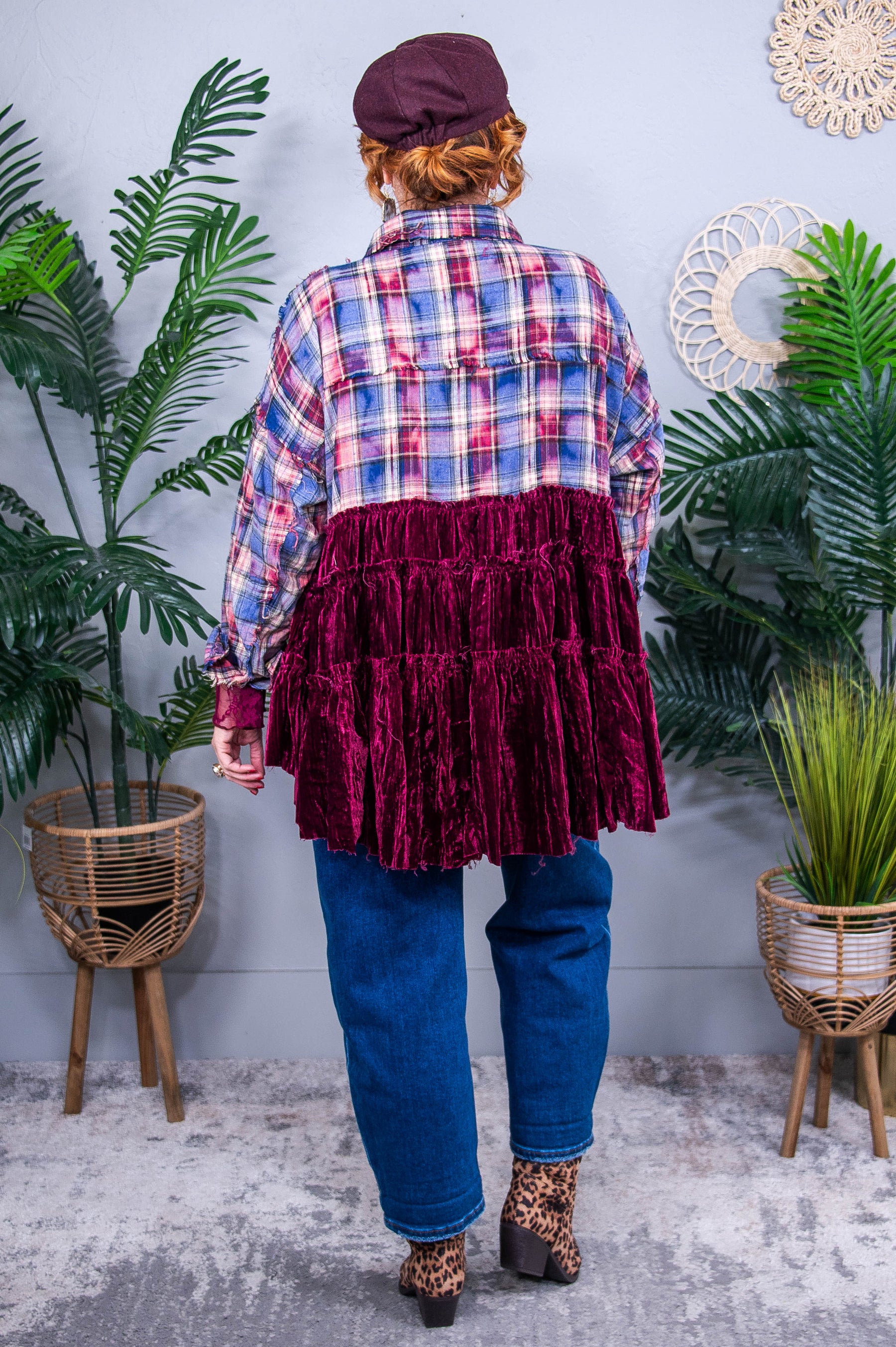 Sending You My Love Wine/Multi Color Plaid/Velvet Top - T10752WN