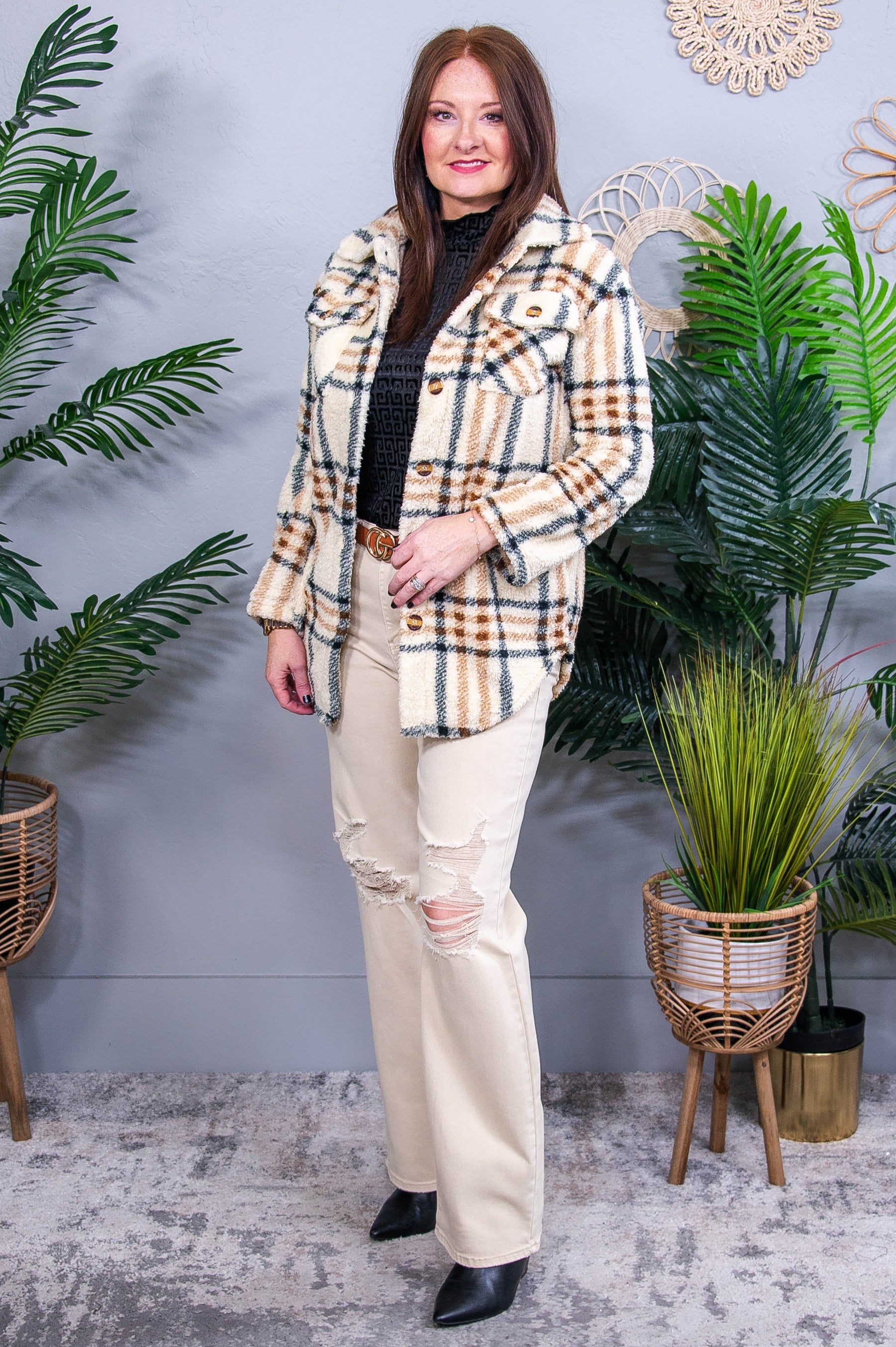 I Make It Look Easy Beige/Black/Brown Plaid Fuzzy Shacket - O5680BG