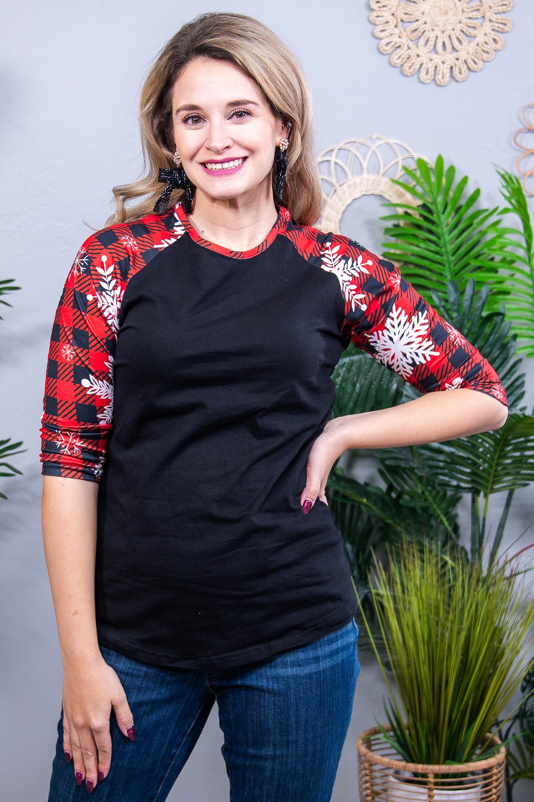 Red/Black Buffalo/Snowflake Printed Sleeves Tee - T10764RD