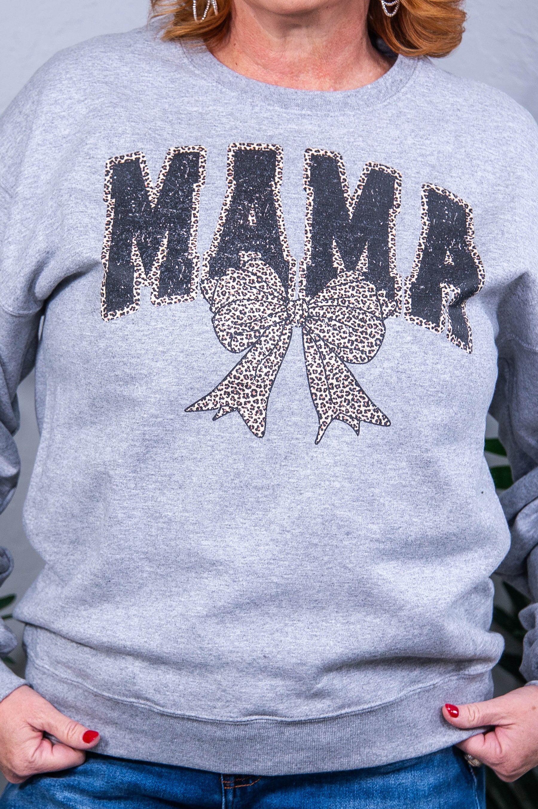 Mama Athletic Heather Nublend Bow Printed Graphic Sweatshirt - A3854AHG