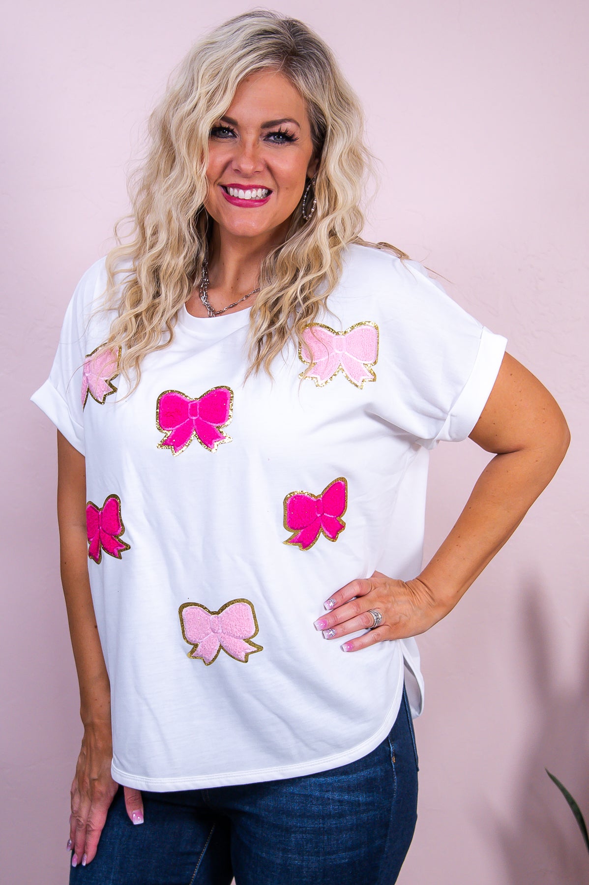 Bows & Bling Off White/Multi Color Bow Patch Top - T10113OW