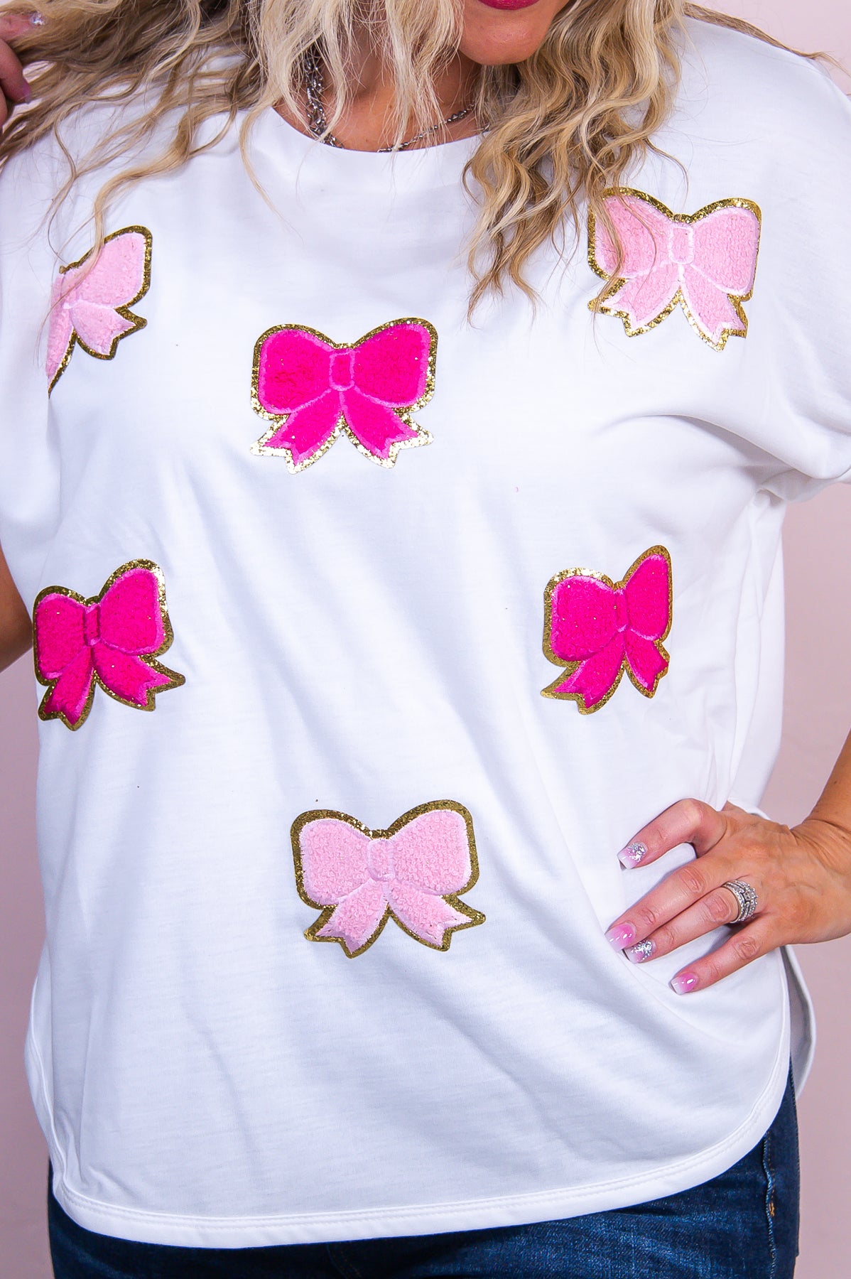 Bows & Bling Off White/Multi Color Bow Patch Top - T10113OW