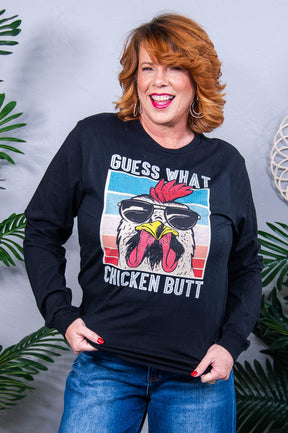 Guess What Chicken Butt Black Long Sleeve Graphic Tee - A3857BK