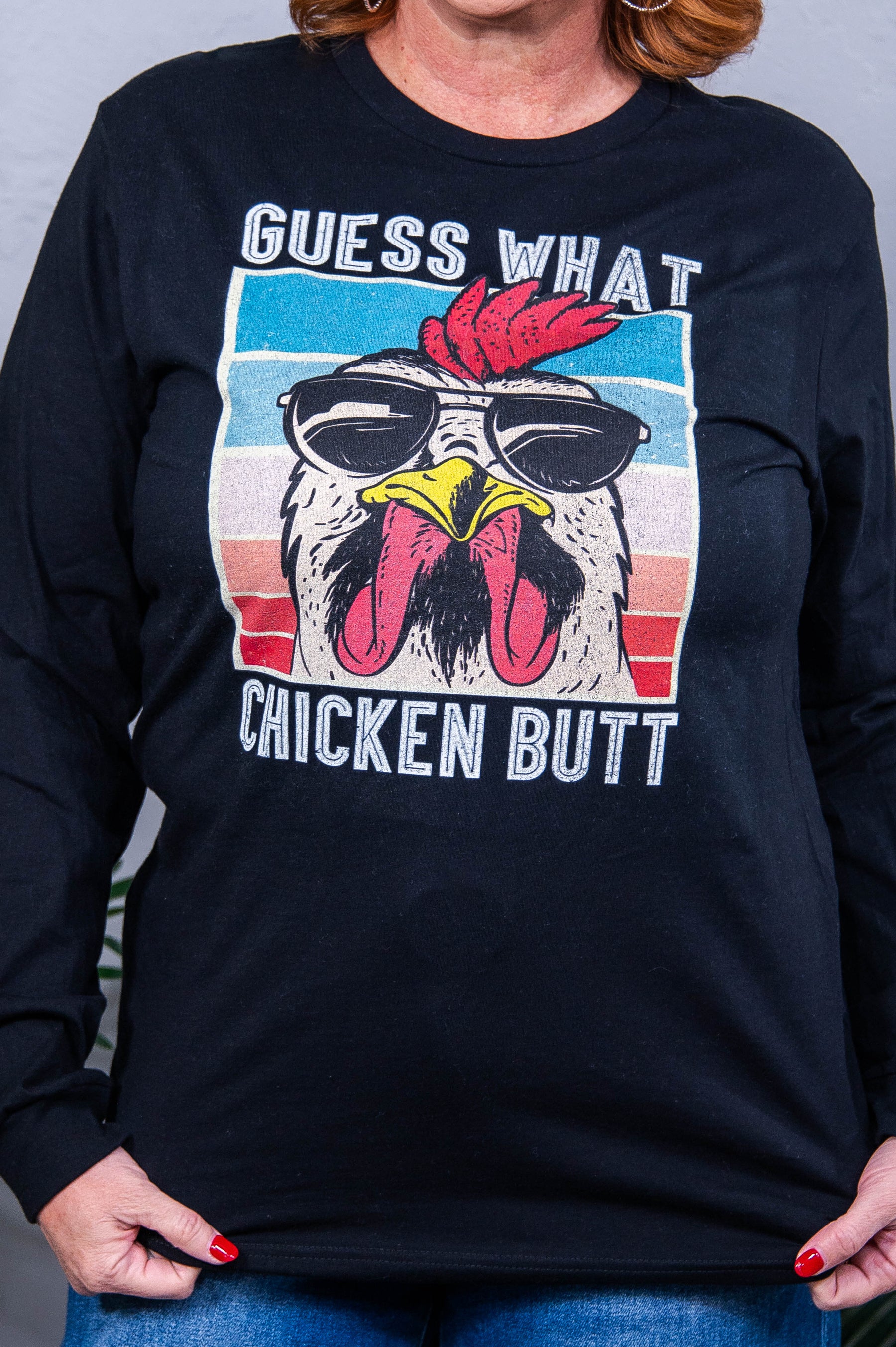 Guess What Chicken Butt Black Long Sleeve Graphic Tee - A3857BK