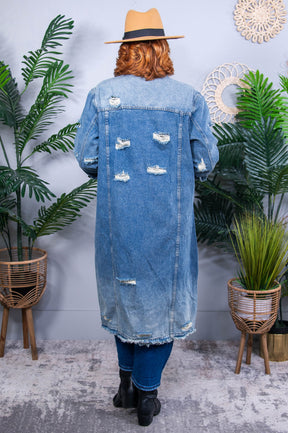 Profound Love Medium Denim Distressed Long Jacket - O5685DN