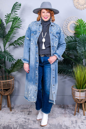 Powered By Love Light Denim Pearl/Bling Distressed Long Jacket - O5686LDN