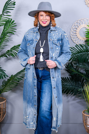 Powered By Love Light Denim Pearl/Bling Distressed Long Jacket - O5686LDN