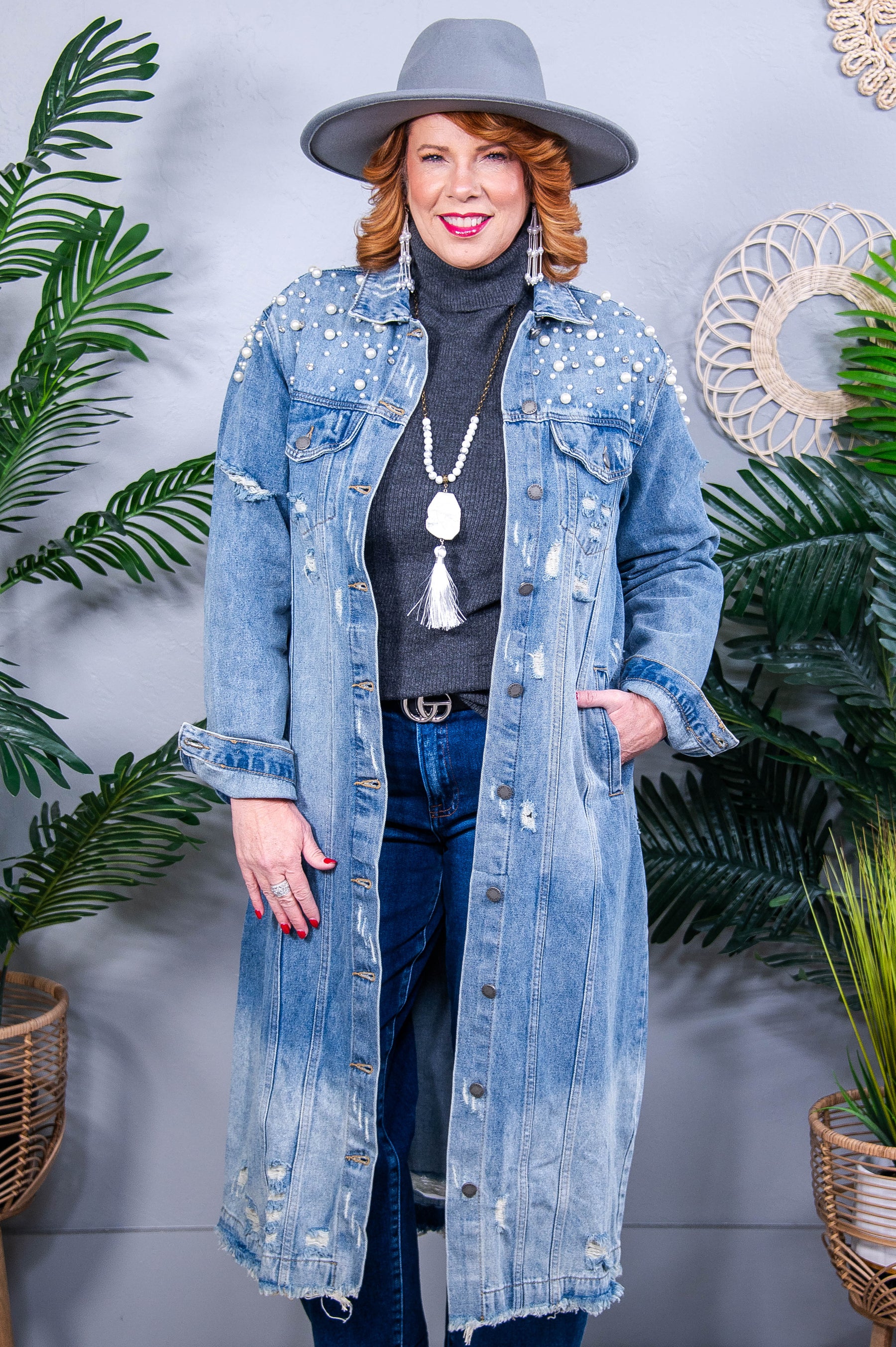 Powered By Love Light Denim Pearl/Bling Distressed Long Jacket - O5686LDN