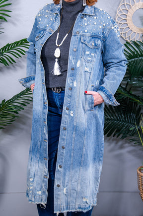 Powered By Love Light Denim Pearl/Bling Distressed Long Jacket - O5686LDN