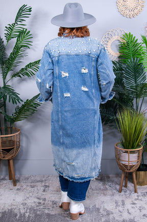 Powered By Love Light Denim Pearl/Bling Distressed Long Jacket - O5686LDN