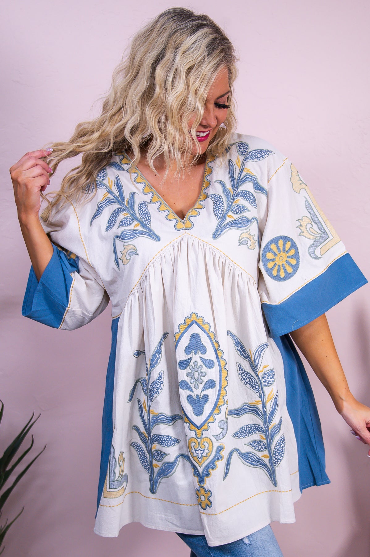 Cultivating Kindness Taupe/Blue Floral Embroidered Woven Dress - D5485TA