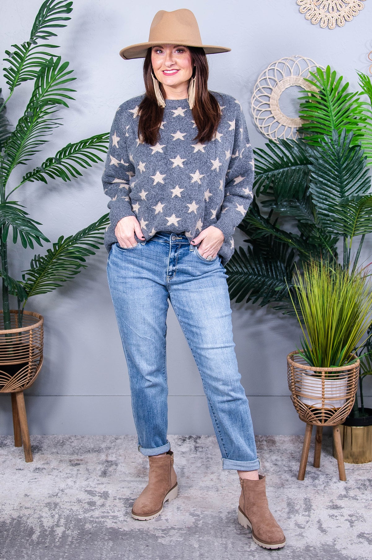 Always Shining So Brightly Gray/Taupe Star Printed Sweater Top - T10768GR