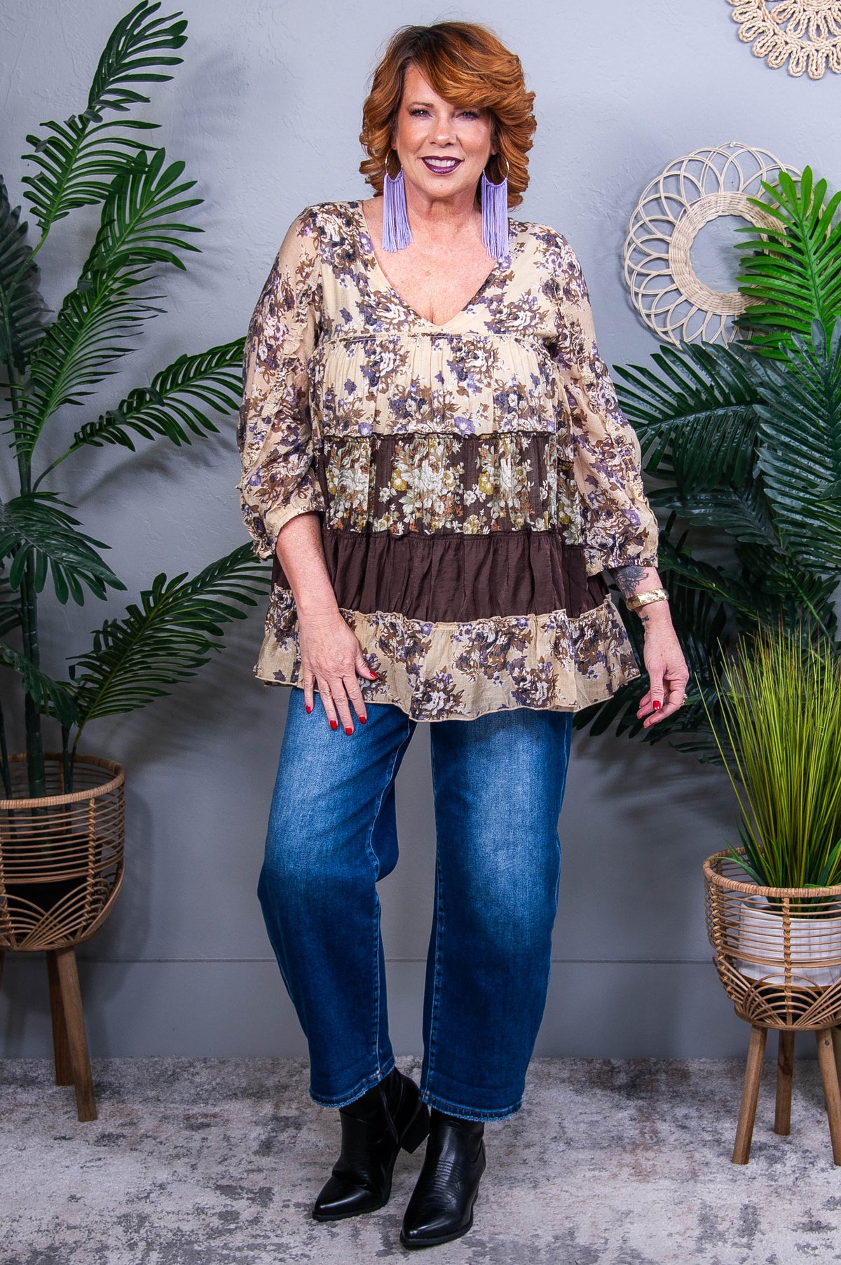 Let's Talk About Love Beige/Brown Floral V Neck Top - T10770BG