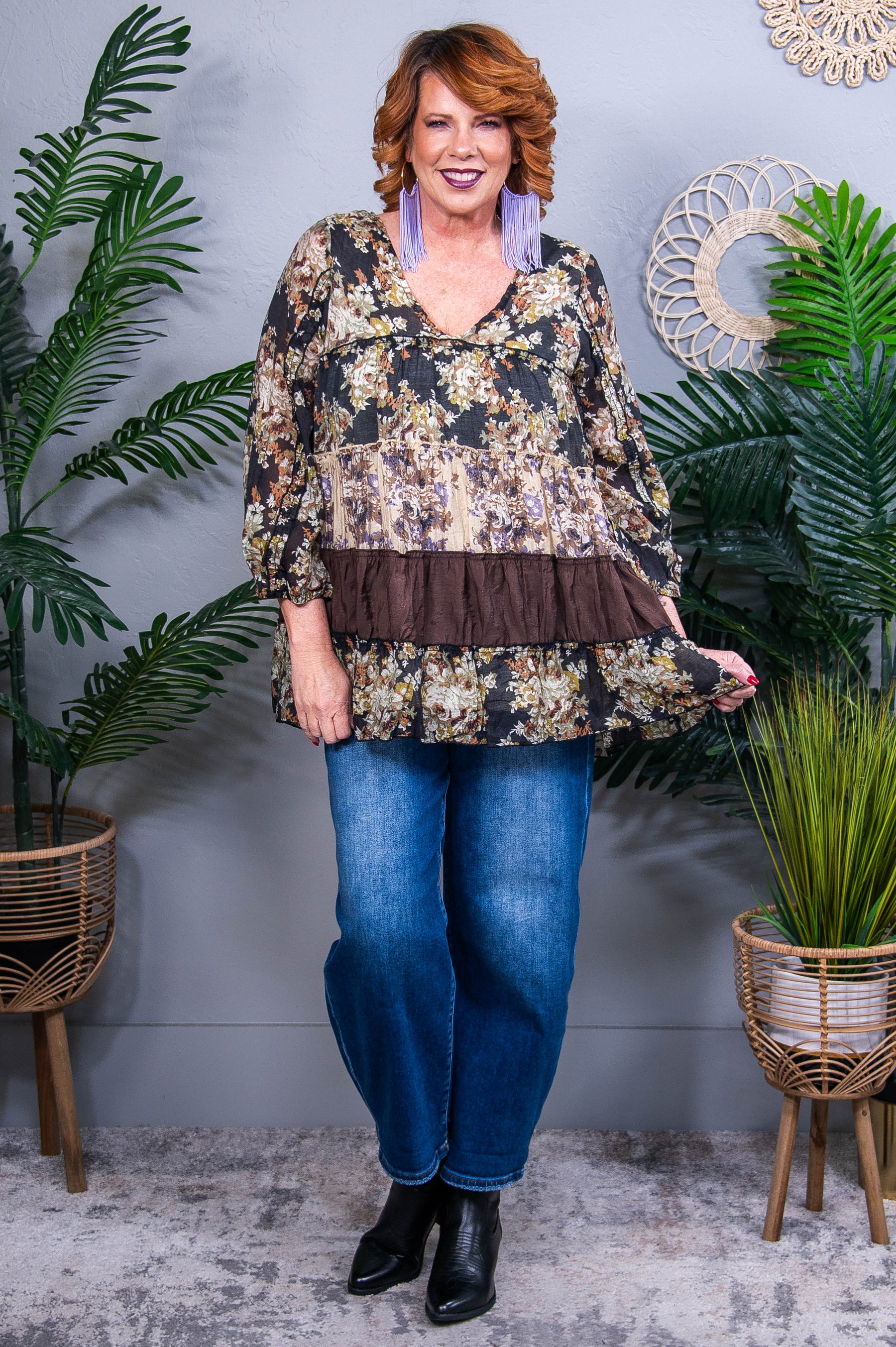 Let's Talk About Love Black/Brown Floral V Neck Top - T10771BK