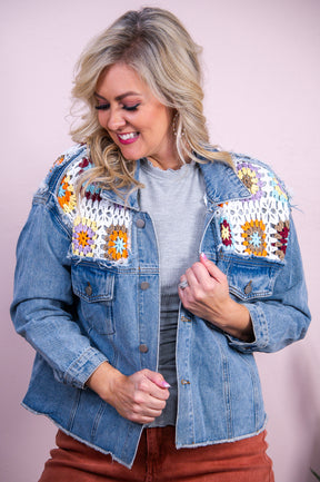 Grace Upon Grace Denim Blue/Multi Color Crocheted Jacket - O5513DN