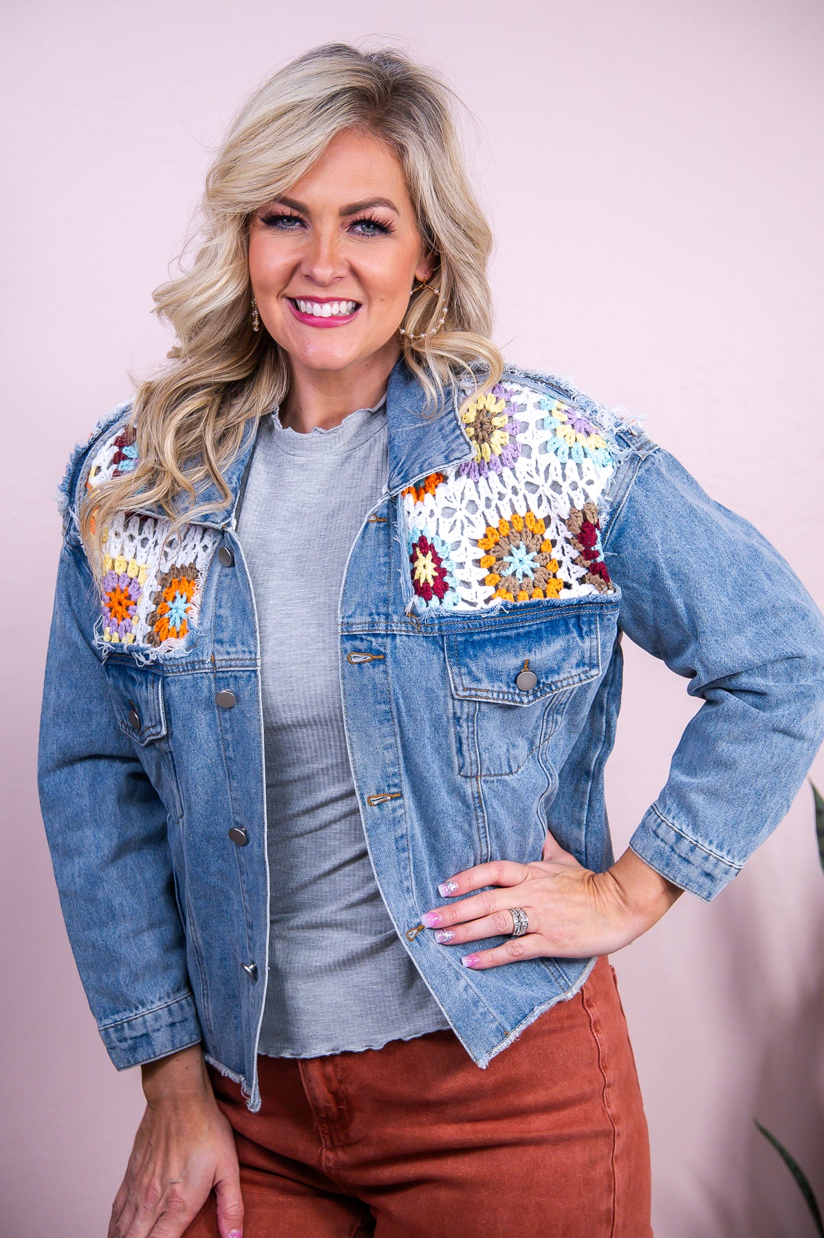 Grace Upon Grace Denim Blue/Multi Color Crocheted Jacket - O5513DN