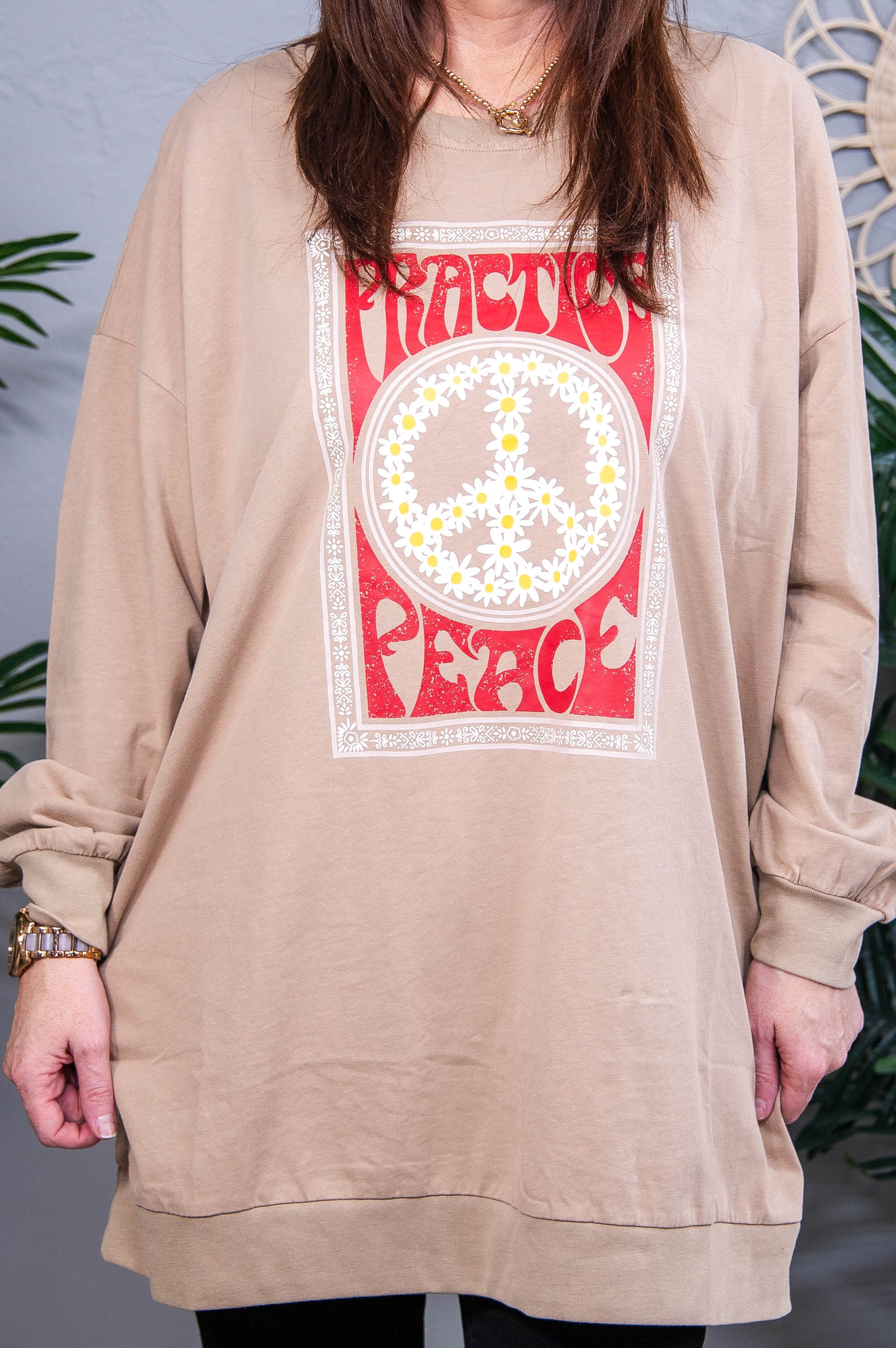 She's A Daydreamer Taupe/Red Peace Sign Top - T10776TA