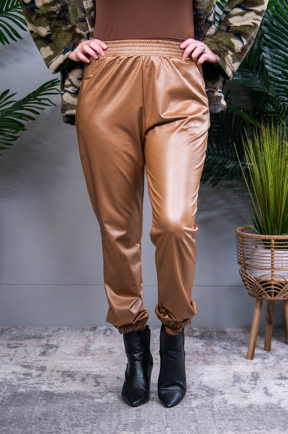 Serving You Looks Brown Faux Leather Joggers - PNT1766BR