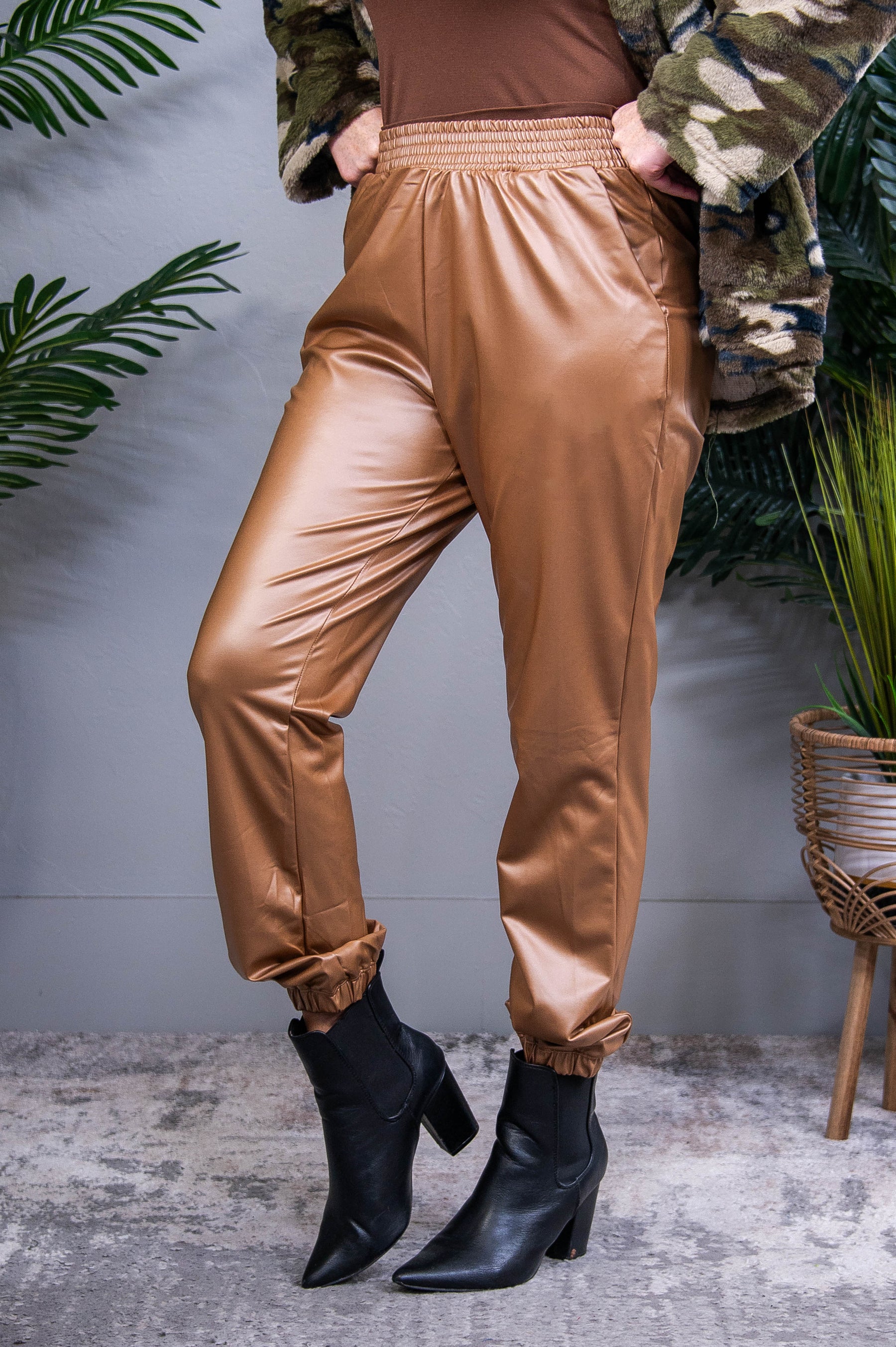 Serving You Looks Brown Faux Leather Joggers - PNT1766BR