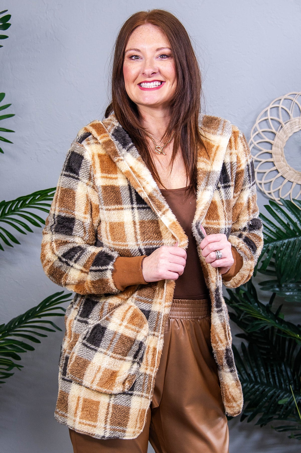 Let's Hit The City Camel/Multi Color Plaid Hooded Cardigan - O5696CA