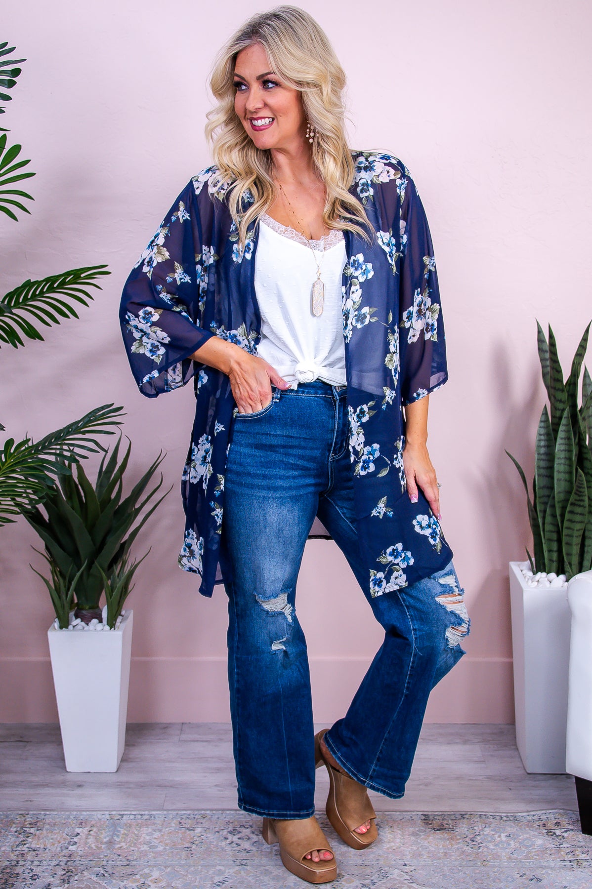 Element Of Love Navy Floral Sheer Kimono - O5514NV