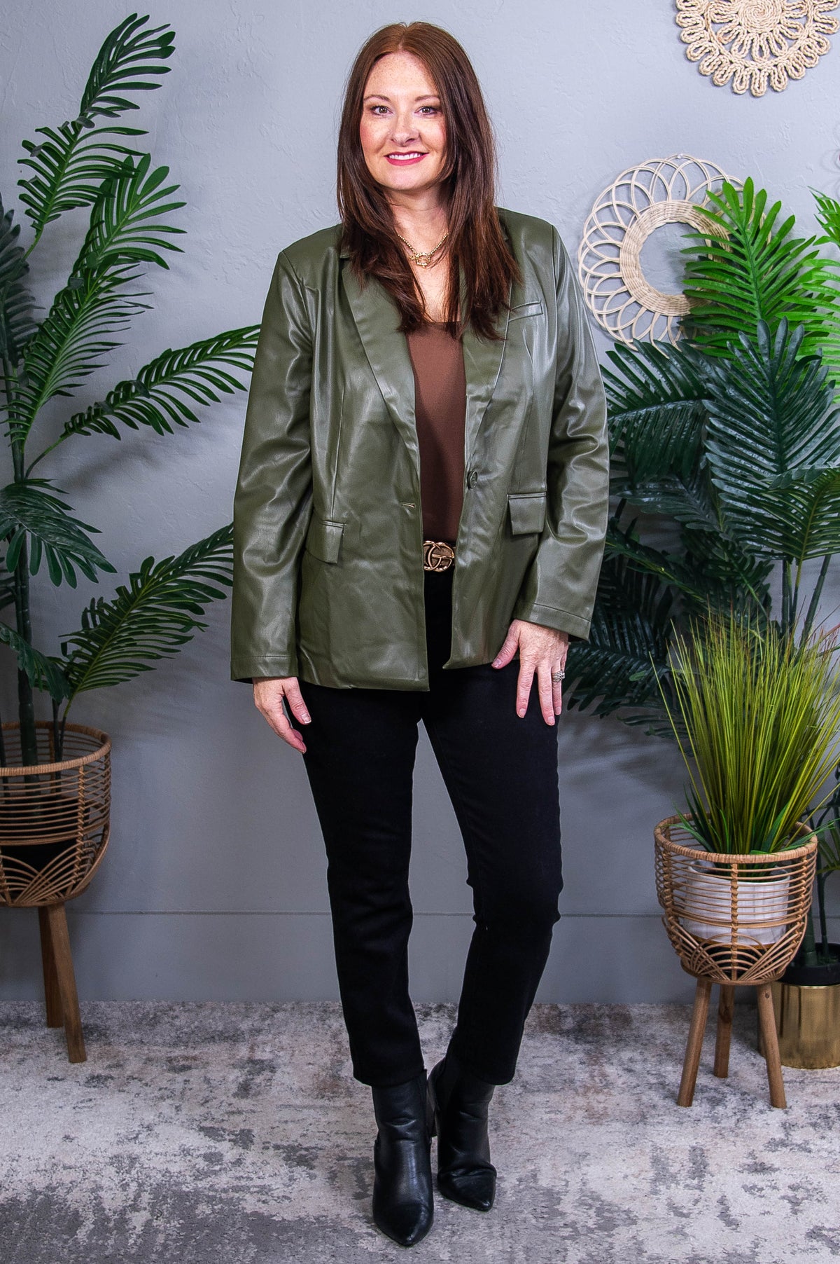 Not Your Everyday Faux' Olive Solid Faux Leather Jacket - O5694OL