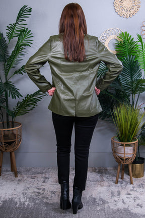 Not Your Everyday Faux' Olive Solid Faux Leather Jacket - O5694OL