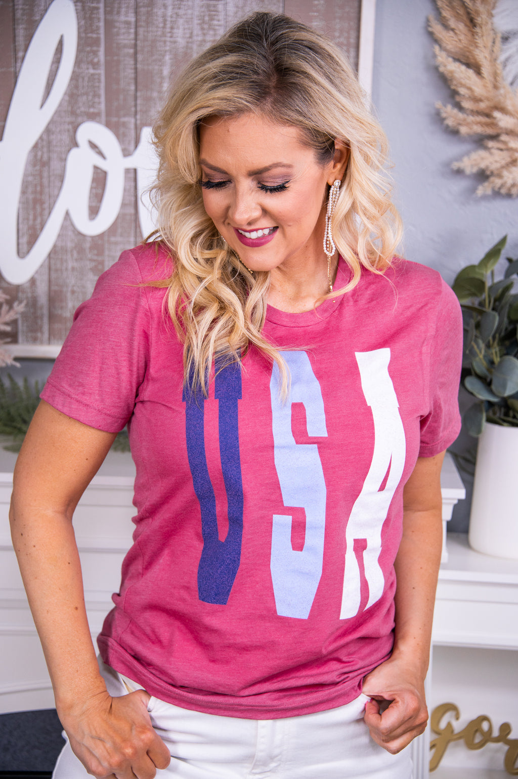 Red White & Cool Heather Navy V Neck Graphic Tee - A2795HNV in