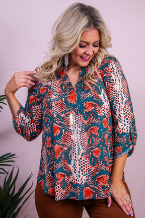 Complete Bliss Teal/Dark Orange Printed Top - T10146TE