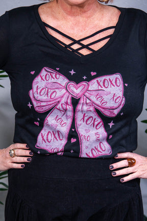 XOXO Black Bow Printed Long Sleeve V Neck Graphic Tee - A3871BK