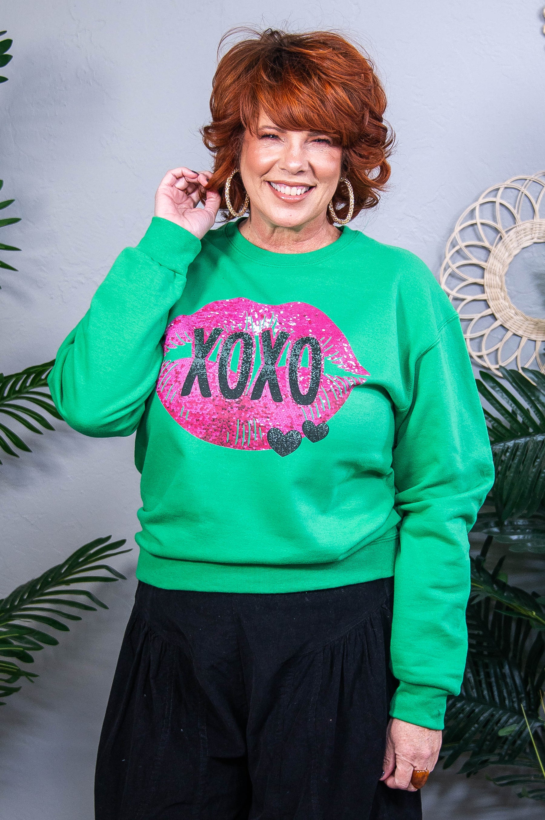 XOXO Kelly Green Lips Printed Graphic Sweatshirt - A3870KGN