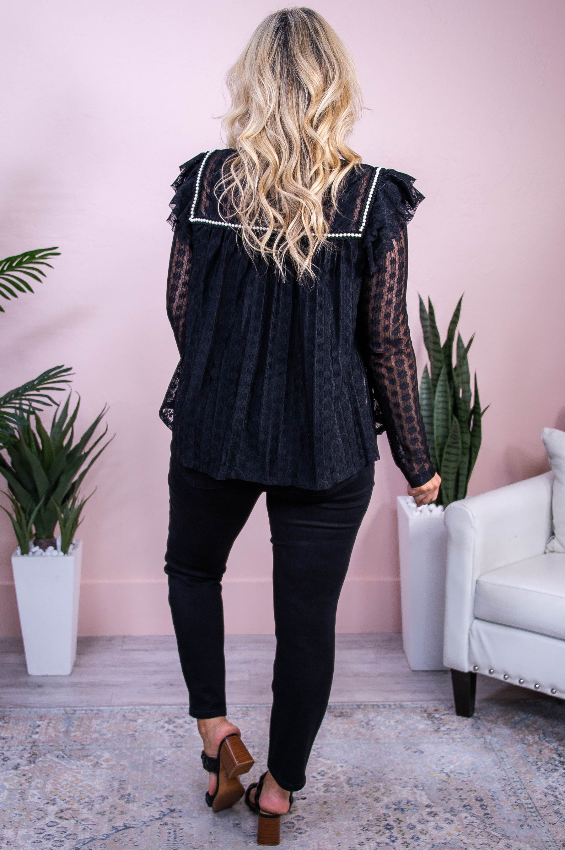 My Chance At Love Black Solid Floral Lace/Pearl Top - T10142BK