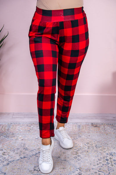 Red and black checkered jeans fashion