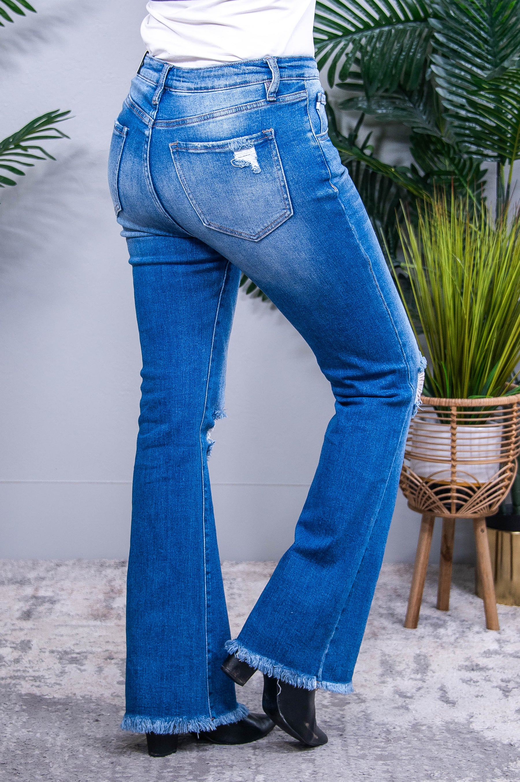 Mia Bytos Raw Hem Distressed High Rise Bootcut Jeans