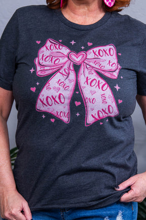 XOXO Dark Heather Gray Bow Printed Graphic Tee - A3890DHG