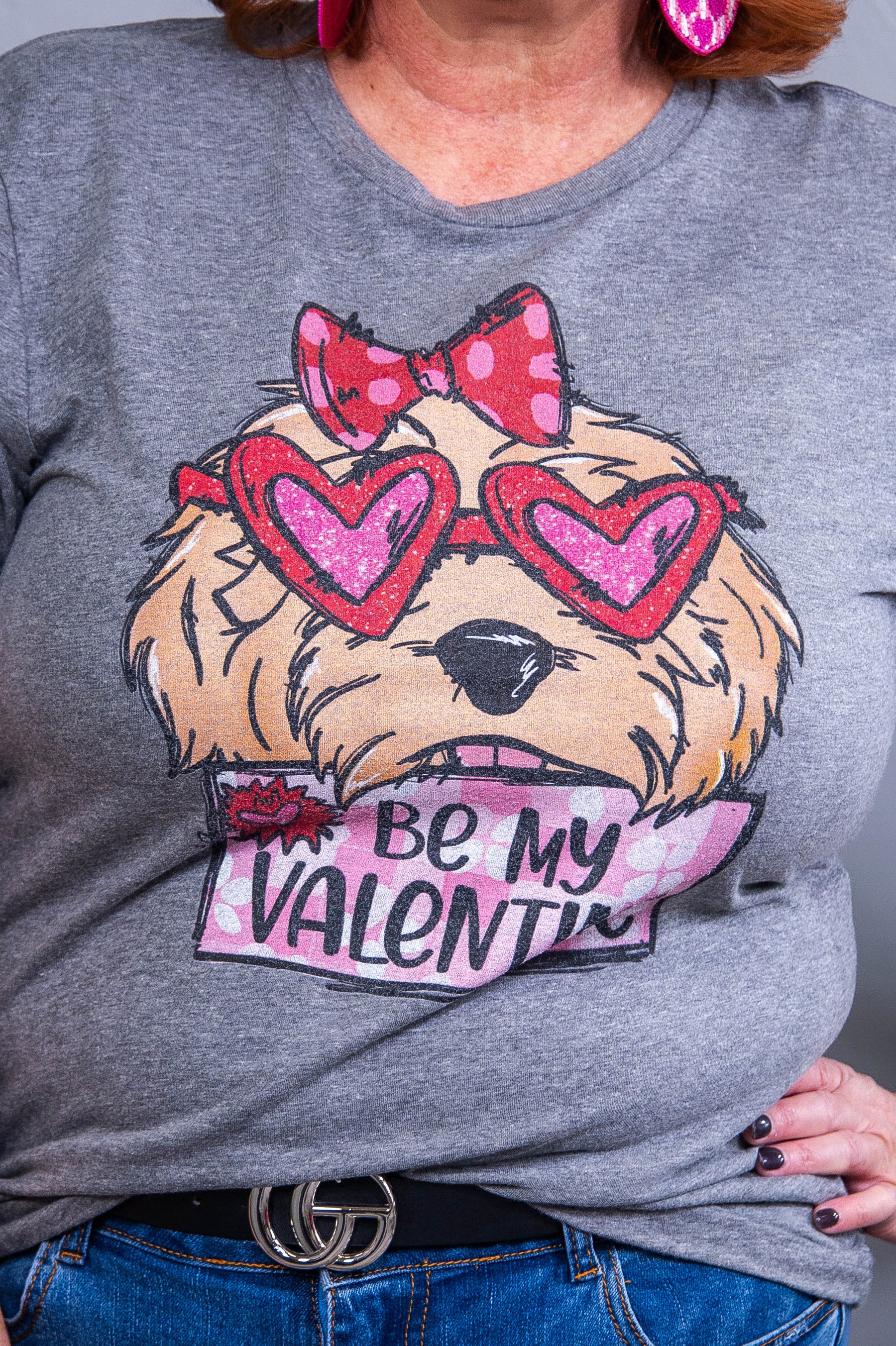 Be My Valentine Premium Heather Gray Coquette Bow Printed Graphic Tee - A3888PHG