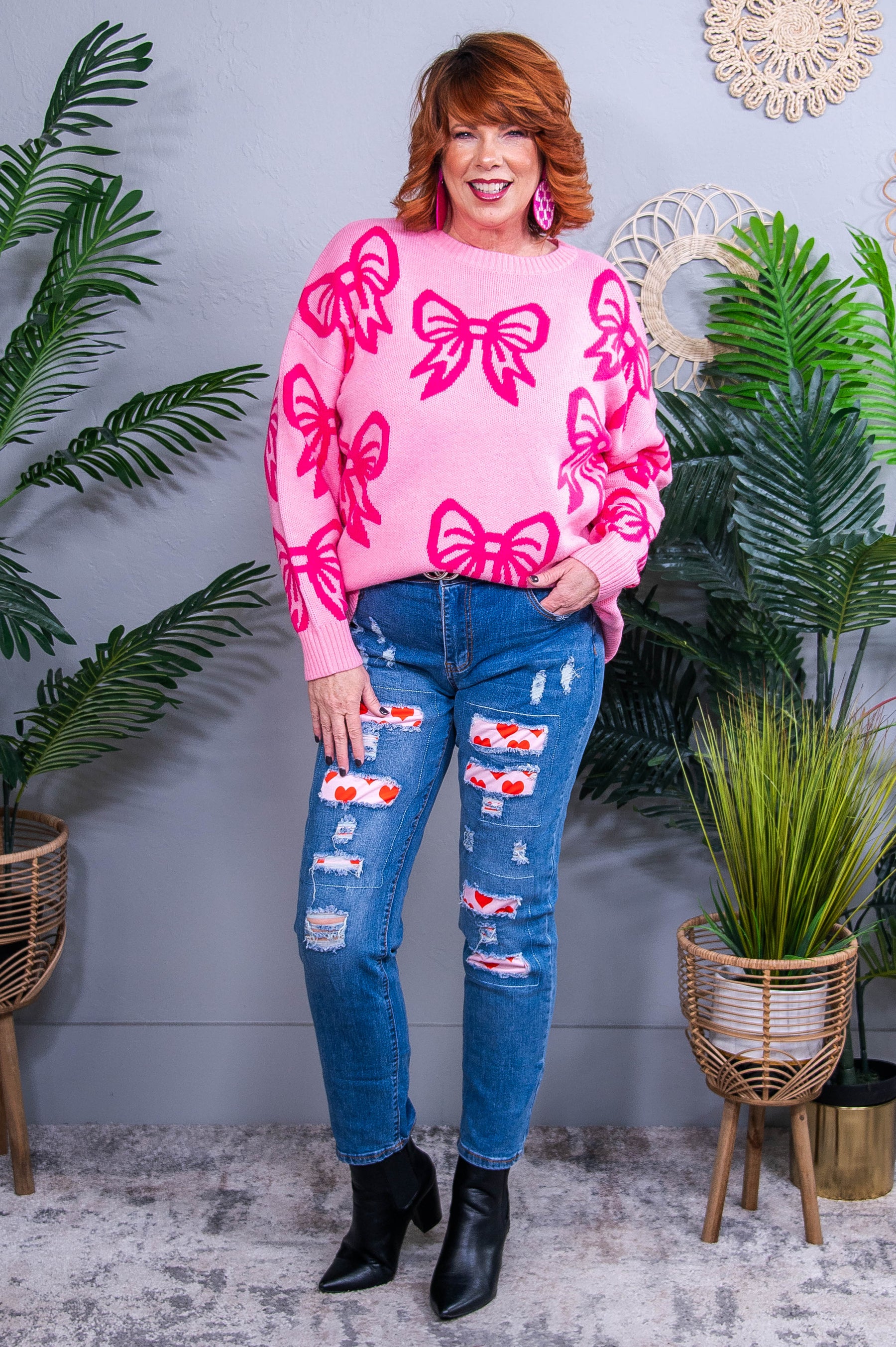 Cuter Than Cupid Pink/Hot Pink Bow Printed Sweater Top - T10796PK