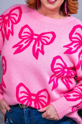 Cuter Than Cupid Pink/Hot Pink Bow Printed Sweater Top - T10796PK