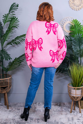 Cuter Than Cupid Pink/Hot Pink Bow Printed Sweater Top - T10796PK