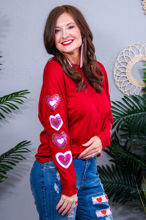 Wearing My Heart On My Sleeve Red/Multi Color Sequins/Heart Sleeves Top - T10797RD