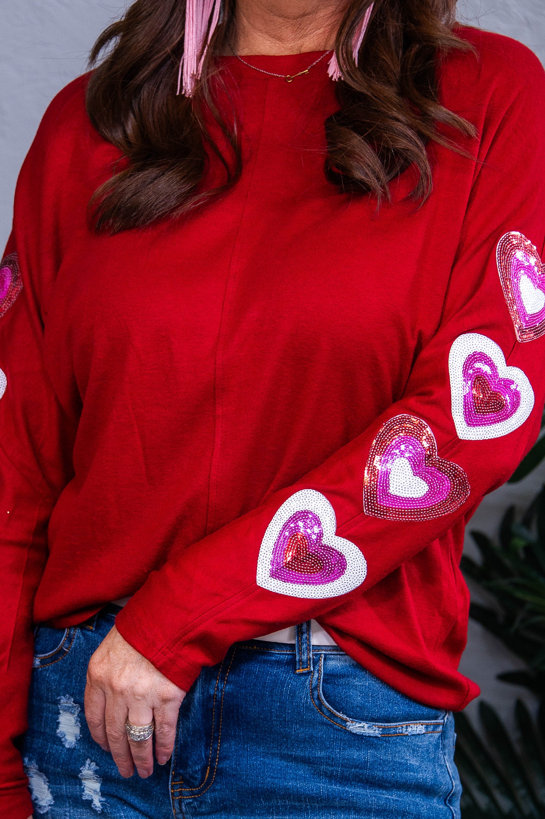 Wearing My Heart On My Sleeve Red/Multi Color Sequins/Heart Sleeves Top - T10797RD