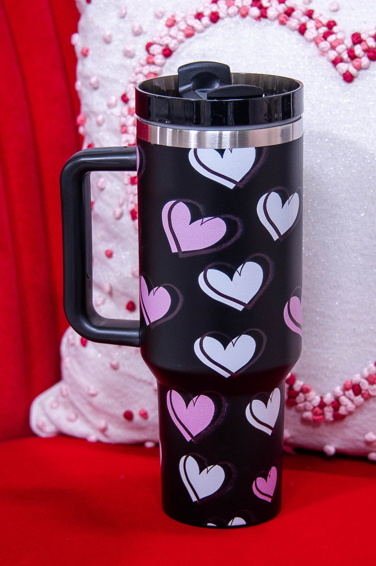 Black/Multi Color Heart Printed 40oz Tumbler - TBL066BK