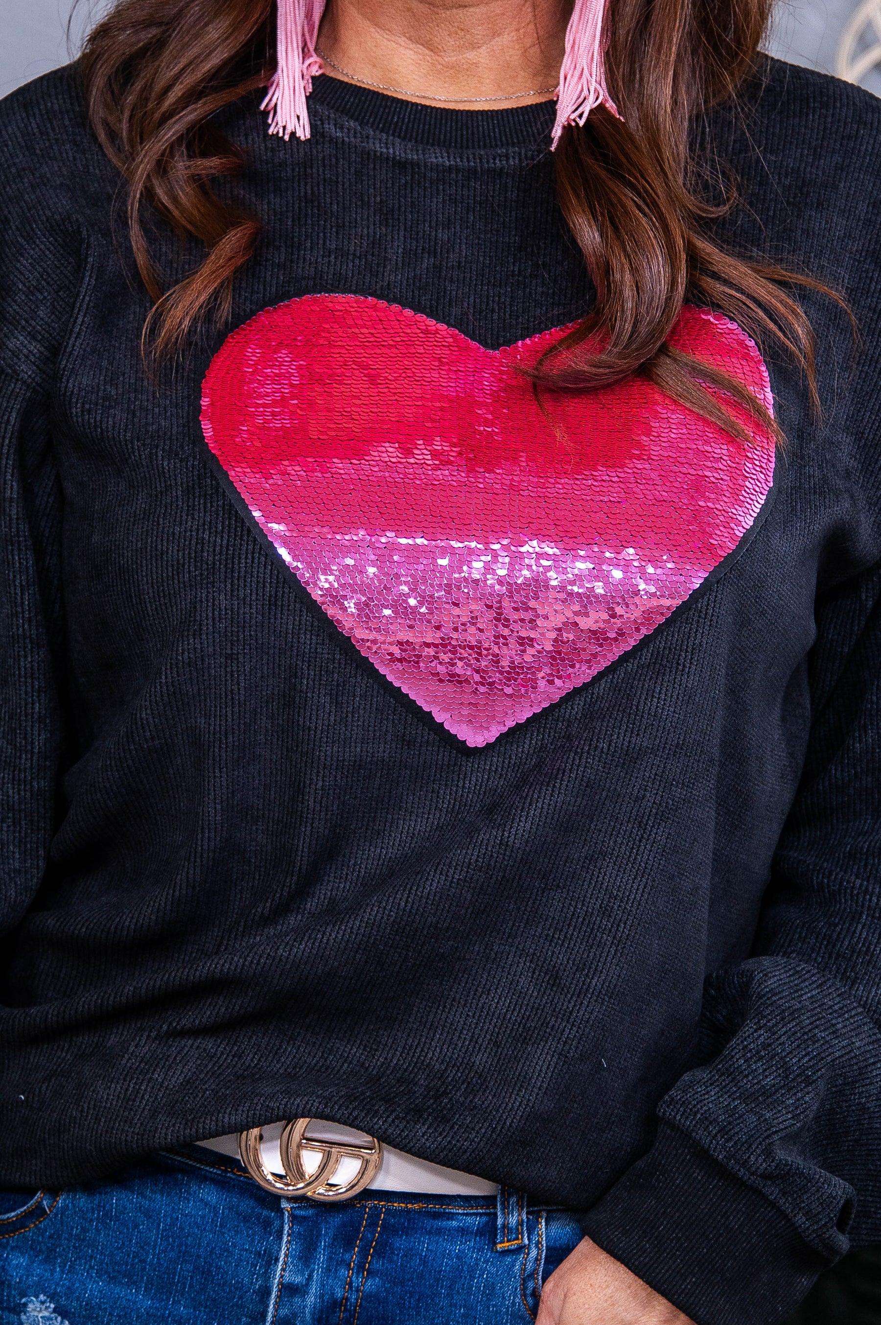 Say You Love Me Again Black/Pink Sequins/Heart Top - T10803BK